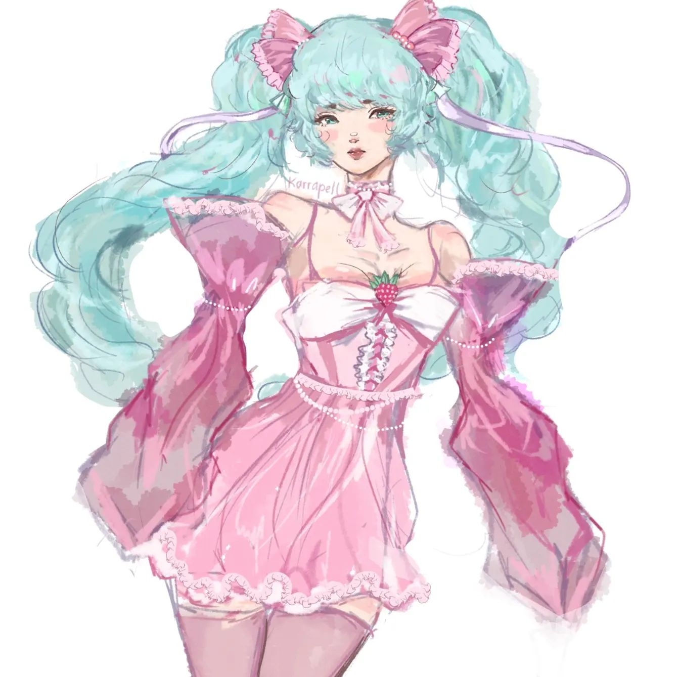 an anime girl with long bluegreen hair wearing a pink dress and a white bow. she has pink cheeks and a strawberry on her dress. she is smiling and looks like she is ready for a magical adventure.
