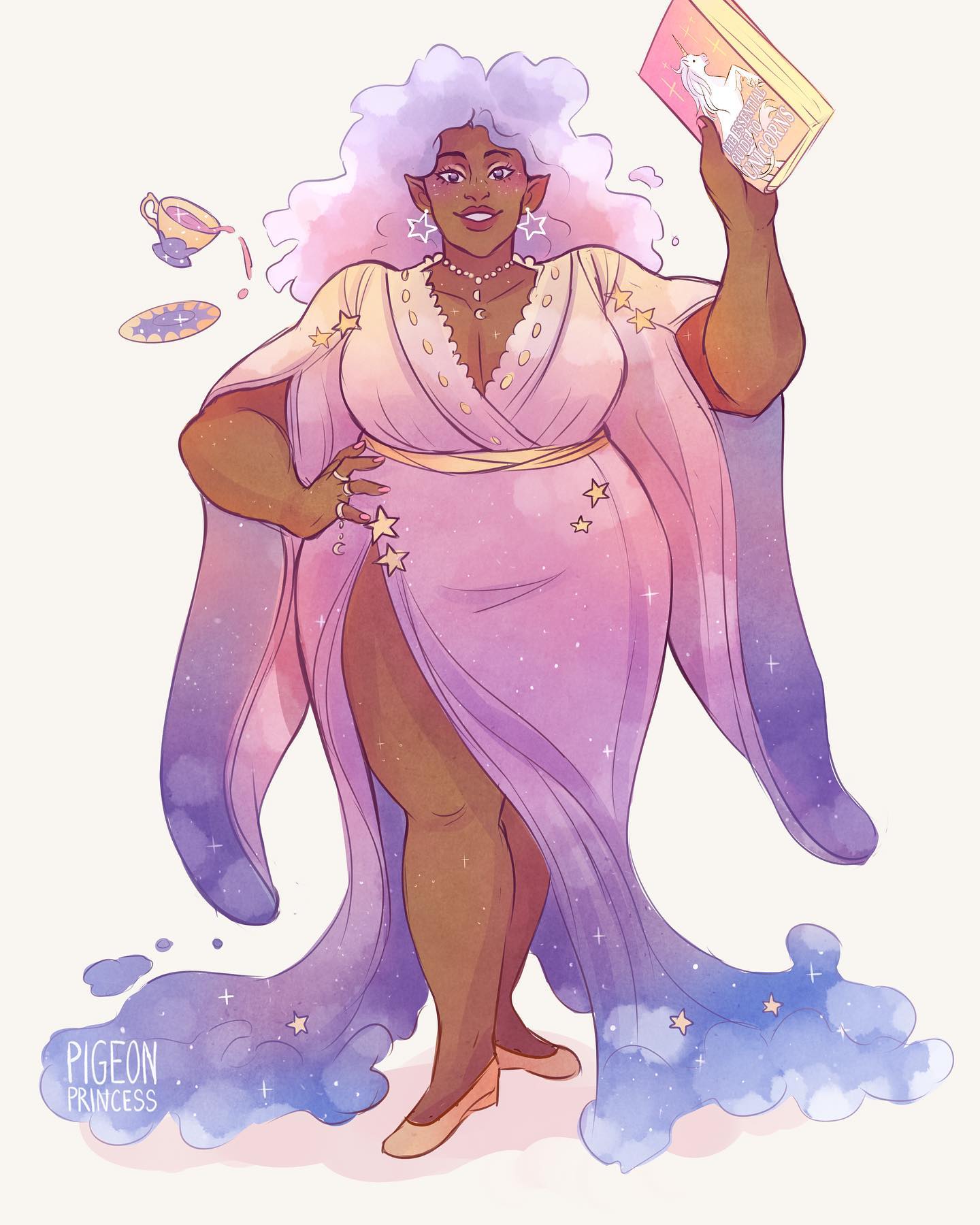 the illustration showcases a confident, plussize darkskinned elf woman with fluffy lavender hair. she's elegantly dressed in a long, flowing robe adorned with stars and a galaxylike pattern in shades of pastel purple, pink, and blue.  the robe is open to reveal a glimpse of her neckline and has a wrap style. she holds a book featuring a unicorn on the cover, and there are spilled tea and a saucer next to her. the style is whimsical and magical, resembling a watercolor painting with a soft, dreamy feel. the artist's signature "pigeon princess" is subtly placed in the lower left corner. the overall aesthetic promotes body positivity and celebrates fantasy elements with a touch of everyday life (like spilled tea).
