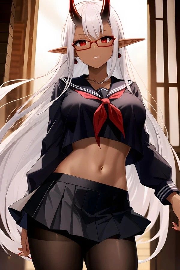 the image is a closeup of an anime girl with white hair, red eyes, and red horns. she is wearing a black sailor uniform with a red tie and a short, pleated skirt. she also has black stockings and red glasses. she is standing in front of a wooden door with a glass window.