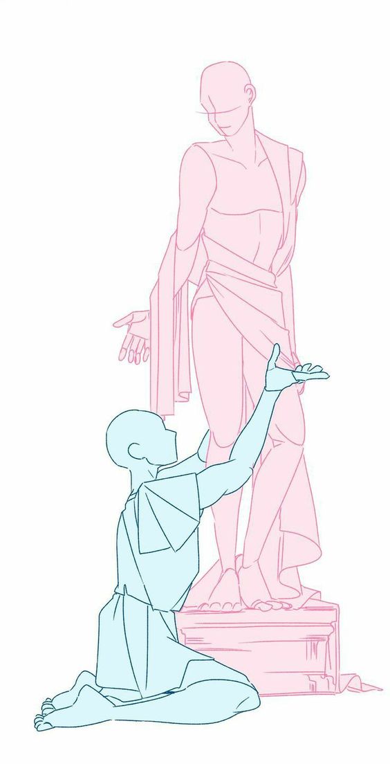 the drawing shows two men, one a statue, the other kneeling before it. the kneeling man is gazing up at the statue with an outstretched hand, seemingly in awe. the scene suggests reverence and admiration for art or history.