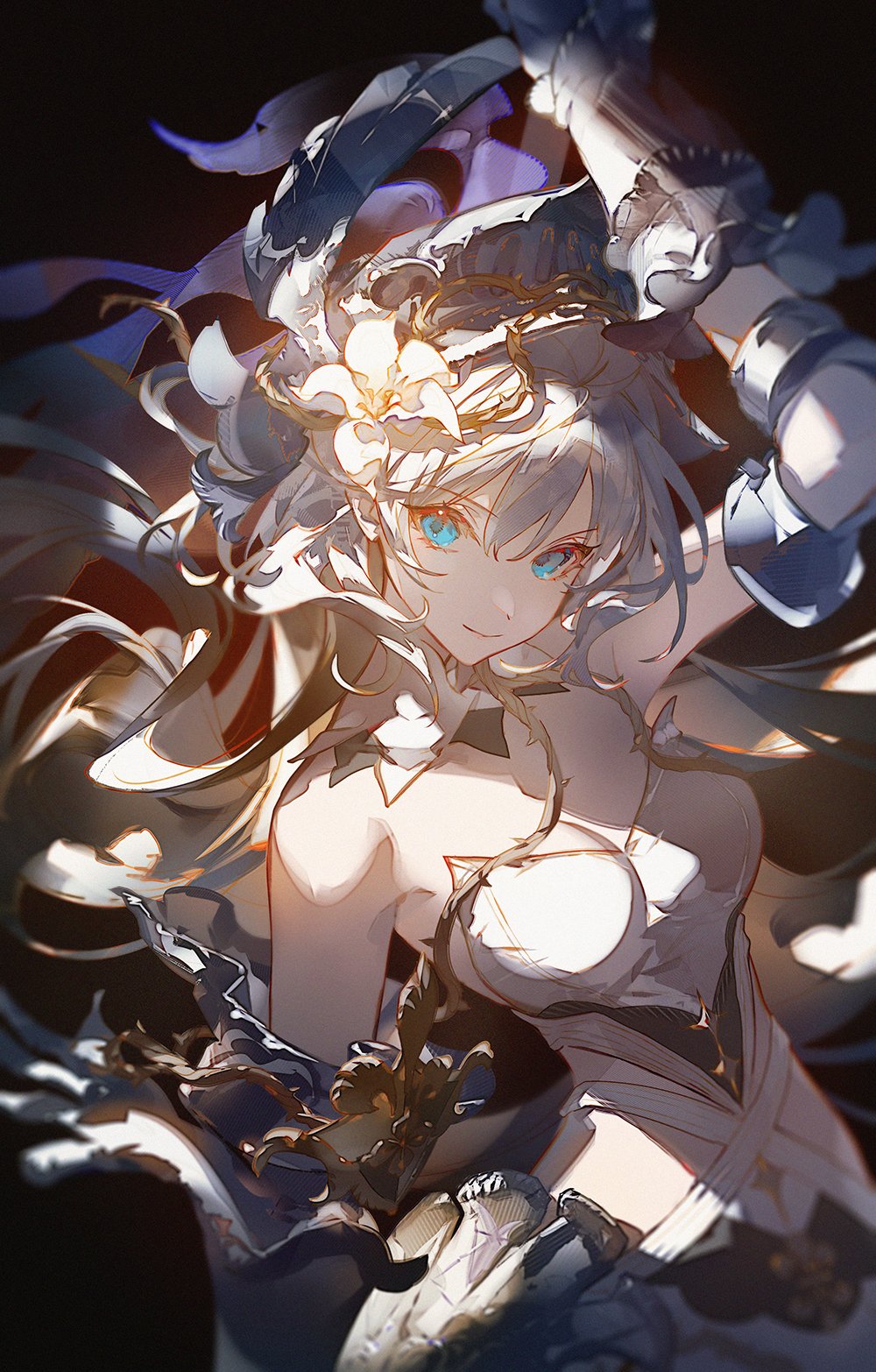 a smiling, confident young woman with long white hair and blue eyes is the focal point of this dynamic illustration. she is adorned with an elaborate headdress featuring horns, flowers, and ribbons. she is wearing an intricate white and gold armored top and her hands are raised as if she's adjusting her hair. the background is dark and the lighting is strong and volumetric, creating a sense of depth and drama.