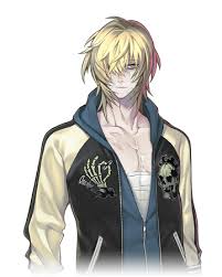 an anime male character with blond and white hair is wearing a black and blue jacket with white and yellow sleeves. the jacket has a skull and skeleton hand graphic design on the front. the character has blue eyes and is wearing a casual shirt under the jacket.