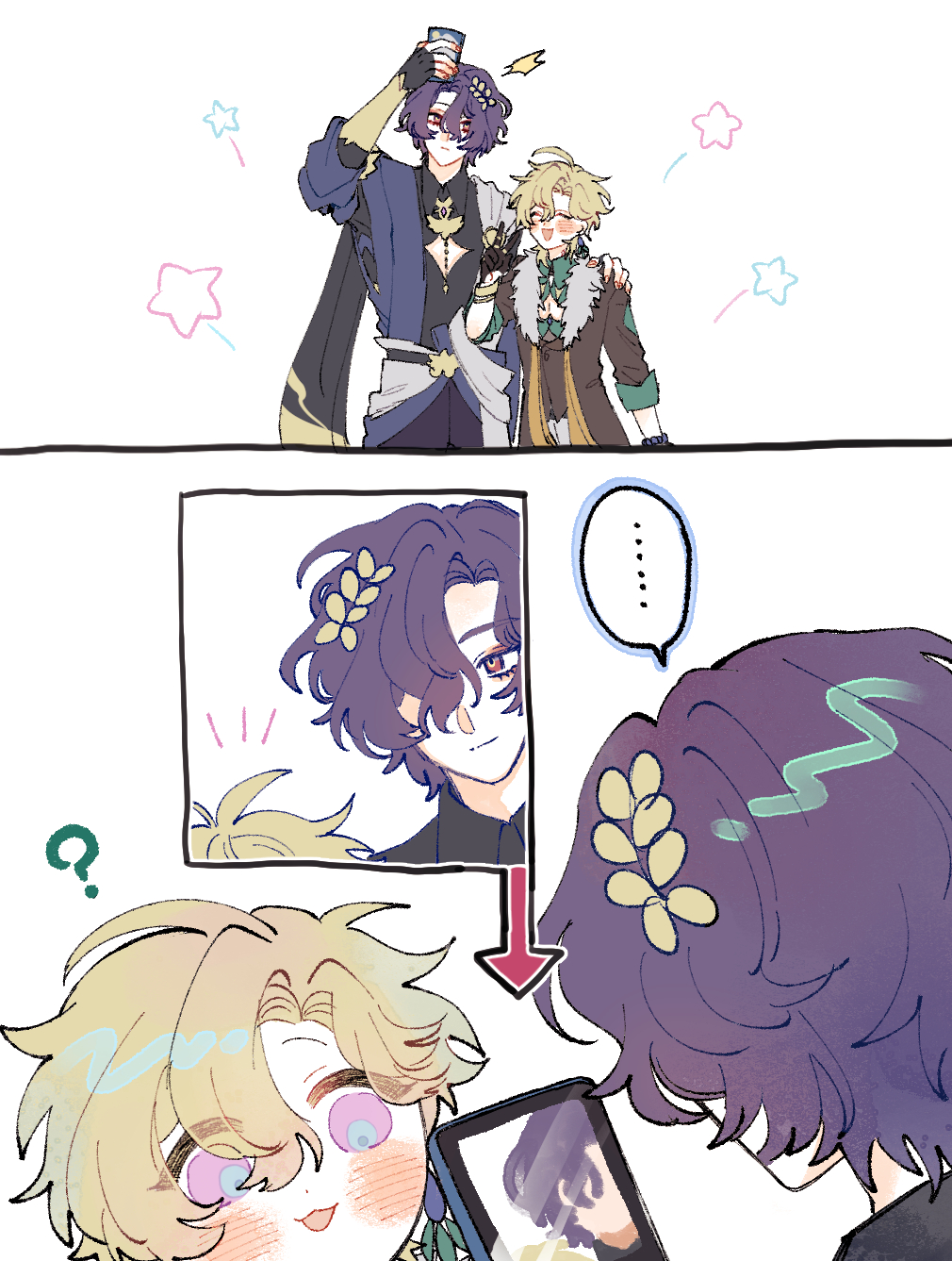 he image is a digital drawing in anime style.  it depicts a multipanel comic. the first panel shows three animestyle characters: two taller ones, one with dark hair and purpleblue clothing, holding a drink, and a slightly shorter one with blonde hair and brown/beige clothing. the blonde character is resting an arm on the darker haired character's shoulder. the second panel shows a series of smaller panels; the first has a zoomedin image of the darker haired man from the top panel. another smaller panel shows a chibistyle blonde character reacting to the image of the darker haired character on a phone screen, held by a purplehaired chibi character. the drawing is lighthearted and playful in tone.  the style is reminiscent of fanart often found online.