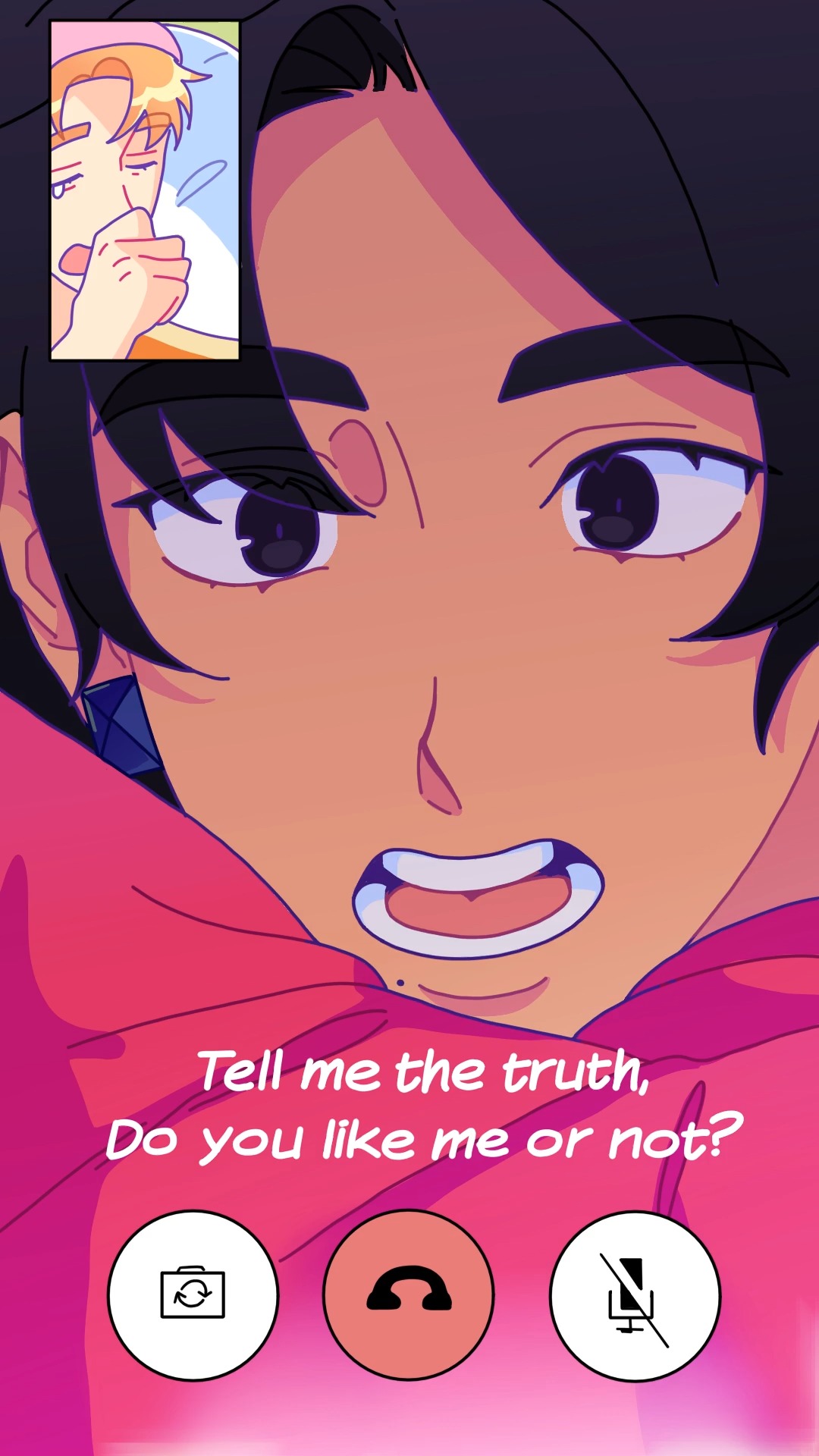 he image is a digital illustration in anime style. it depicts a video call between two characters. the main character, a person with dark hair, is shown in the foreground, while a blondehaired person is seen in a smaller video window in the background. the darkhaired character has a determined expression, and the text bubble displays the question, "tell me the truth, do you like me or not?" indicating a romantic confession scene. the overall style is vibrant, with a predominantly pink and purple color scheme, and the background is simple, focusing on the characters and the dialogue.  there are also three icons at the bottom that appear to be typical video call controls (record, hang up, mute).