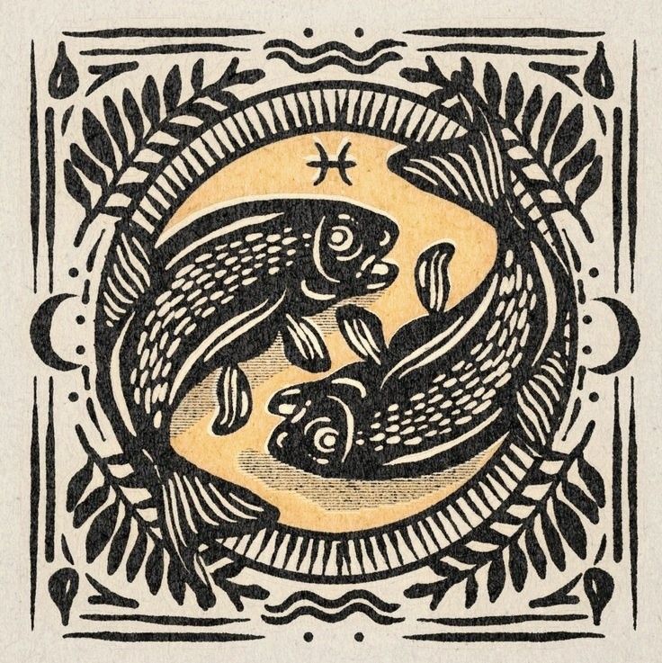 the image is a stylized linocut or woodcut print depicting the astrological sign pisces.  two fish are intertwined within a circular frame, which is itself surrounded by an ornate square border featuring decorative elements like leaves, waves, and crescent moons. the style is vintage or retro, with bold black lines on a light beige/offwhite background. the fish are intricately detailed, and the overall aesthetic is reminiscent of traditional printmaking techniques. a small pisces symbol (♓︎) is visible within the central circle.  the colors are primarily black and an ochre or pale orange.