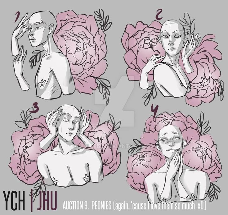 this is an illustration of a ych auction for four different poses featuring a person surrounded by peonies. the poses are numbered 1 through 4.  the image appears to be a digital illustration, and is stylized for a more whimsical or cartoonish style.