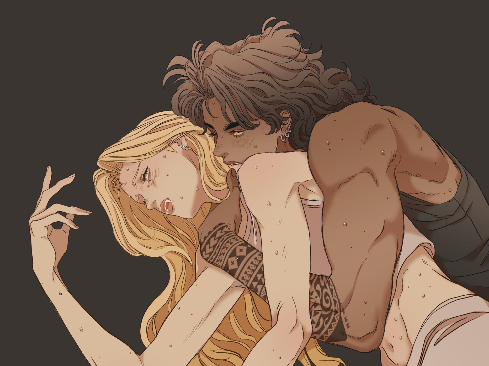a digital illustration depicts a darkhaired vampire figure embracing a fairhaired figure. both figures are sweating, possibly from exertion or arousal. the vampire figure has visible fangs, and the fairhaired figure is gazing upward with tension. the embrace appears sensual and romantic. the vampire figure has a patterned tattoo on their arm and the fairhaired figure has beads in their ear. the background is a solid dark color, possibly black or dark gray, focusing attention on the couple's interaction.