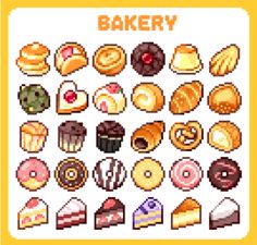 this image is a collection of pixel art drawings of various baked goods like donuts, breads, and pastries. they are presented in a grid format with a paleyellow background.```