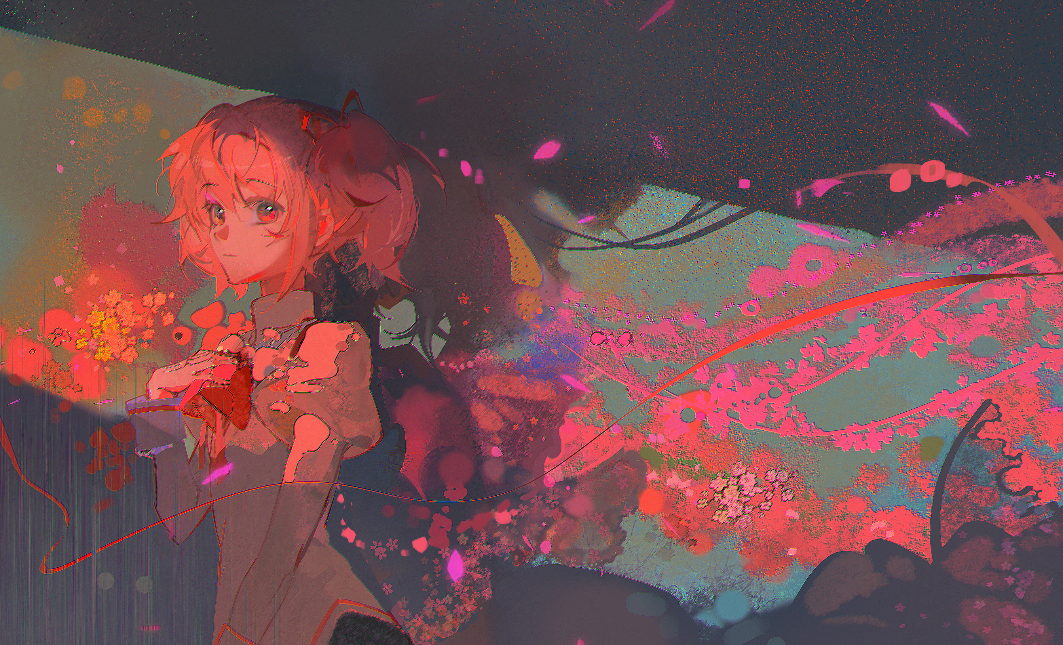 an illustration depicts an anime girl with short, pink hair styled in pigtails, wearing a school uniform with a red ribbon, against an abstract background filled with flowers and splatters of various colors. the color palette includes pink, red, orange, and teal. the overall atmosphere is dreamlike and slightly melancholic, with a play between light and shadow.