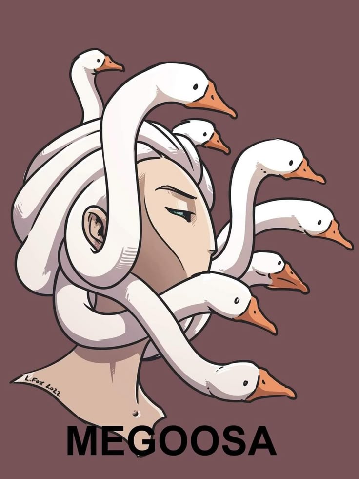 a caricature image of medusa, but instead of snakes for hair, she has white geese wrapped around her head. the text "megoosa" is located at the bottom of the image.