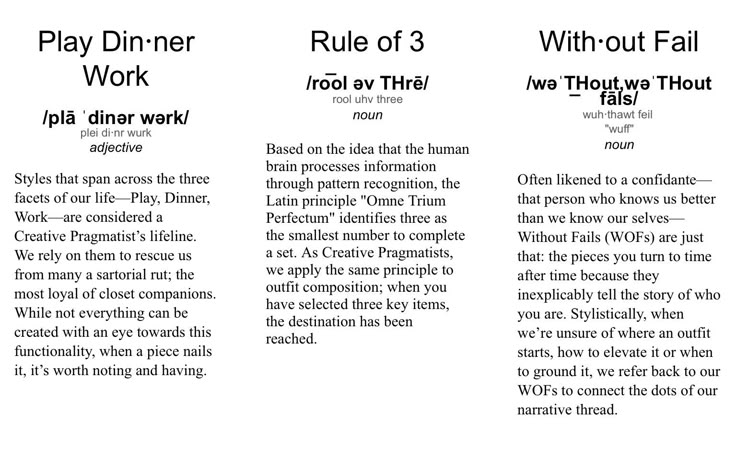 the image shows three paragraphs discussing the concept of "play dinner work" as an adjective, "rule of 3" as a noun, and "without fail" (wofs) as a noun, all related to fashion and styling, defining these phrases in the context of outfit creation and personal expression.
