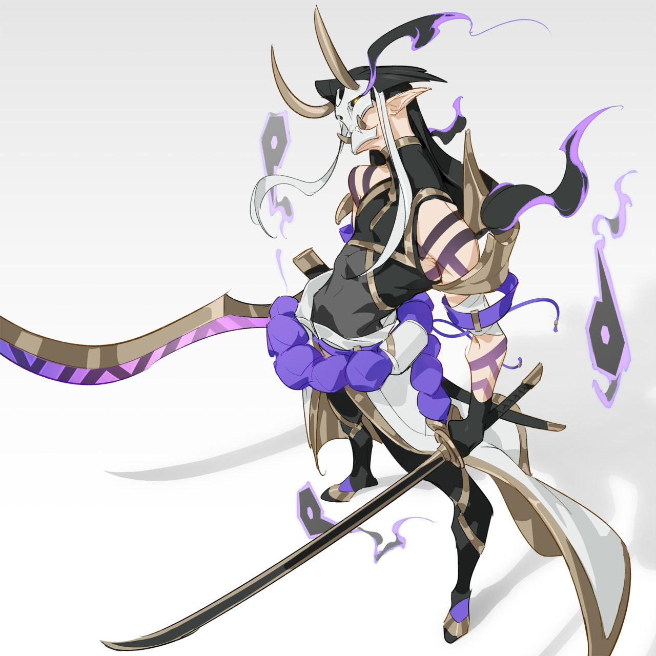 he image is a digital drawing or painting of an animestyle character. the character appears to be a male oni or demon samurai, with long white and black hair, horns, and a mask.  he's clad in dark and goldaccented samuraiinspired armor with purple elements, and wields two katanas.  purple, almost ghostly, shapes swirl around him, adding a mystical and supernatural element to the scene. the character's pose is dynamic and actionoriented, suggesting movement and combat. the art style is detailed, with a focus on both character design and the dynamic interplay of light and shadow.  the background is a simple, offwhite space that draws attention to the character.
