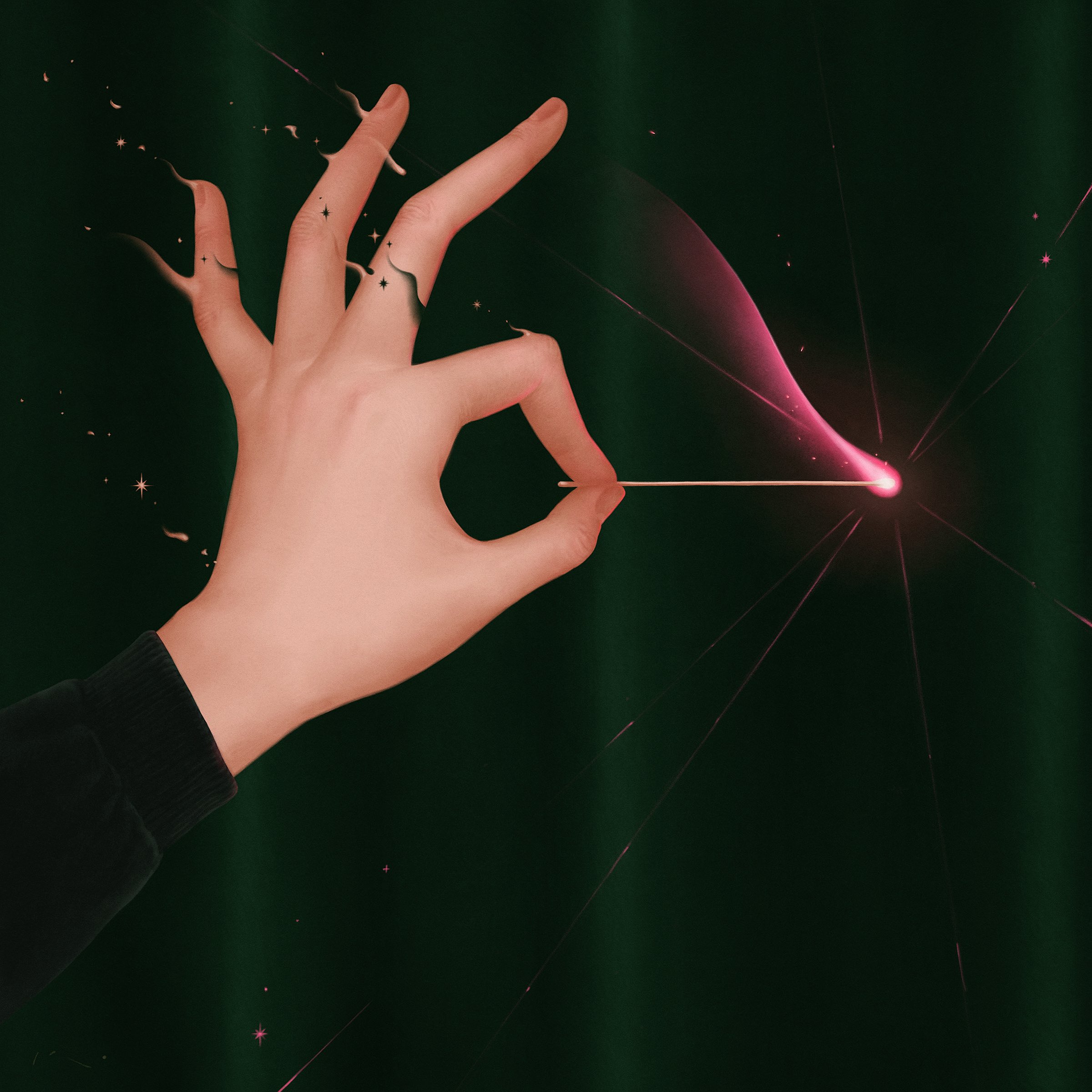 a hand making the ok sign holds a match that is lit, producing a pink spark and light trails against a dark green background.