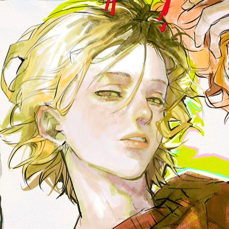 a closeup portrait of a young anime character, with blonde hair and serious expression. he is looking at something outside the frame, with his chin slightly raised and his eyes narrowed. he is wearing a red and brown sweater. the background is a bright, abstract yellow and red.