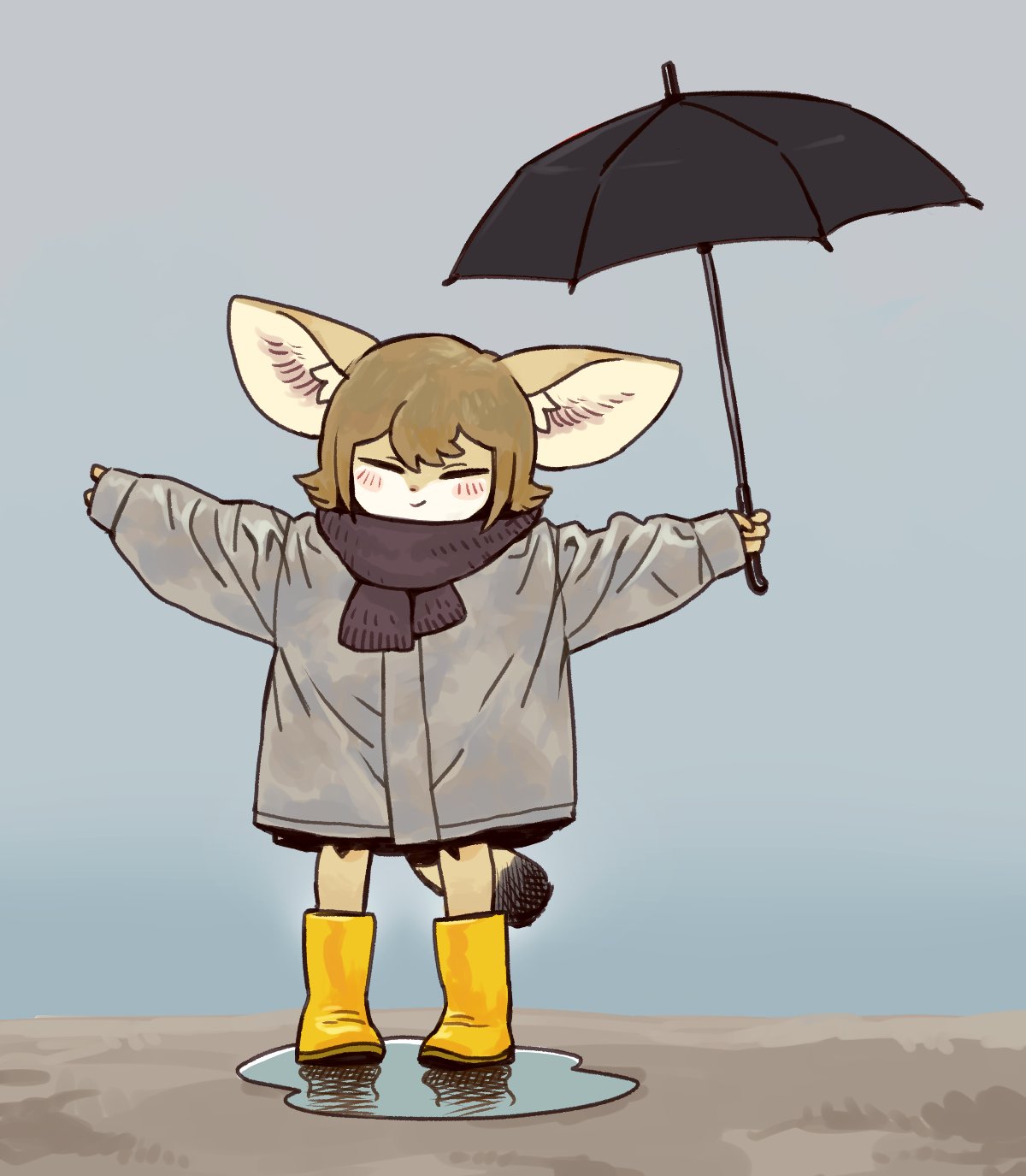 a cartoon animal with big ears is standing in a puddle with an umbrella and holding it up, wearing a grey raincoat and yellow boots. the animal looks very happy. it is a bright cartoon art,  with a white background and a light grey sidewalk.