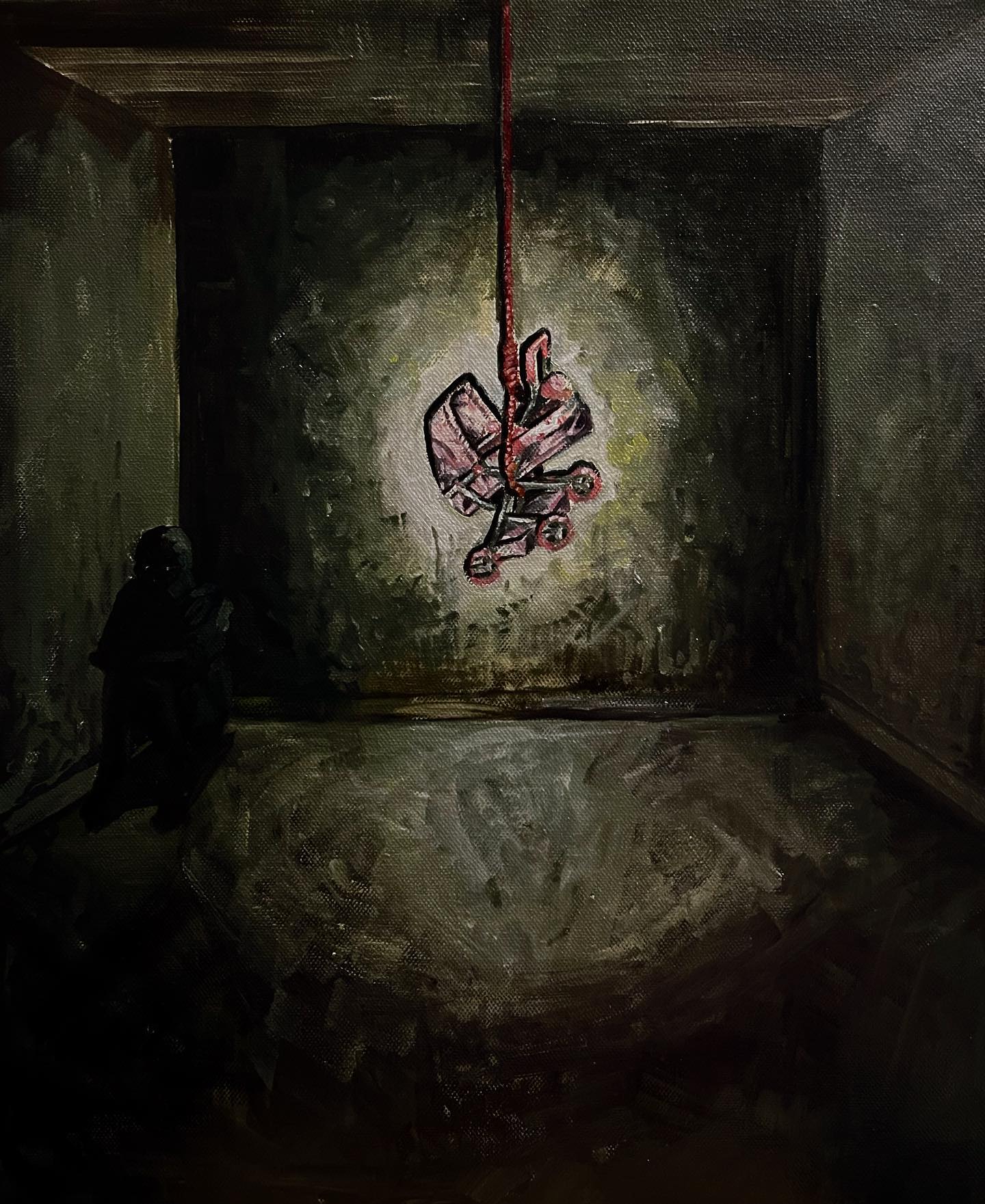 this is a dimly lit painting of an empty, dark room. in the center of the room, an empty baby stroller hangs from the ceiling, illuminated by a single light source. the stroller is attached to a red rope, and casts a long shadow on the floor.  a shadowy figure stands in the doorway, partially obscured by darkness. the overall atmosphere of the painting is one of eerieness,  unsettling mystery, and sadness.