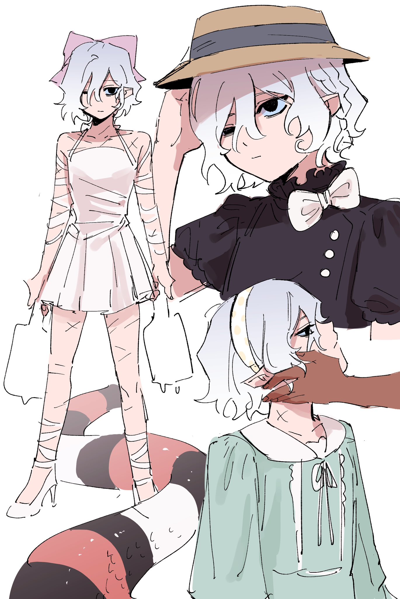the image contains a collection of character sketches, likely from an anime or manga style.  there are three distinct variations of a young girl with white hair.  one is wearing a simple white dress and bandages, another wears a dark dress with a bow and a straw hat, and the third wears a light green dress. the first character has a snake or serpent tail.  the art style is soft and slightly rough, indicative of a quick sketch or concept art.  the characters are presented in various poses, suggesting exploration of different designs and potential expressions.