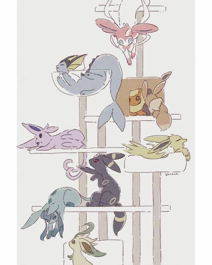 the image is a charming digital drawing showcasing various pokémon, primarily from the eevee evolution line, arranged on a multilevel cat tree. the pokémon are depicted in a relaxed manner, some sleeping and others simply lounging. the style is cute and pasteltoned, creating a soft and endearing mood.  the pokémon shown include (but may not be limited to all): lapras, glaceon, sylveon, umbreon, espeon, possibly others from the eevee line or similar creatures. the artwork is clearly fan art, showcasing the artist's interpretation of these beloved characters in a comfortable and playful setting.