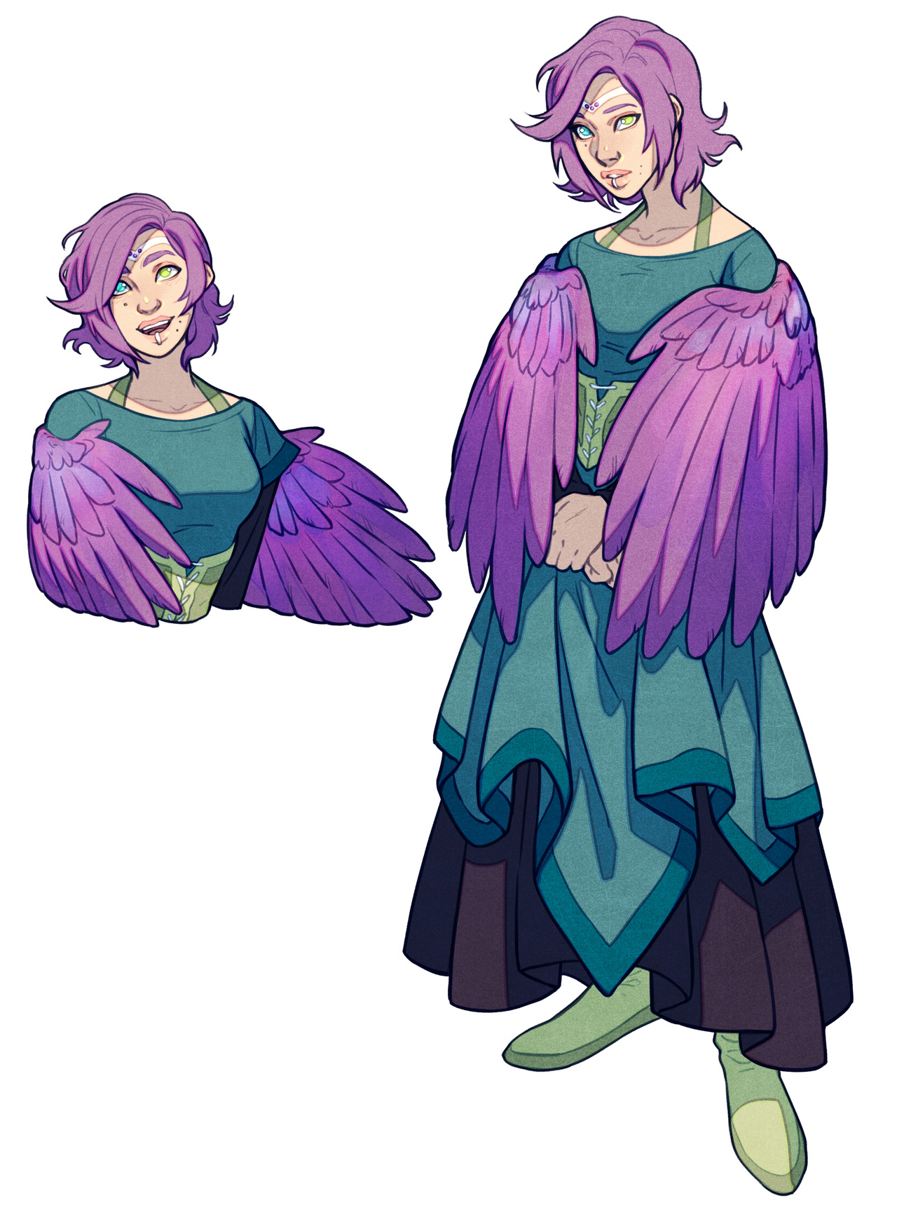 the image shows a character design of a young adult with short, purple hair and large, purple wings. they are wearing a long, flowing green dress with a darker green underskirt. the character has a peaceful expression and is standing with their wings folded behind them. the background is white. there is a smaller bust shot of the same character in the top left corner.