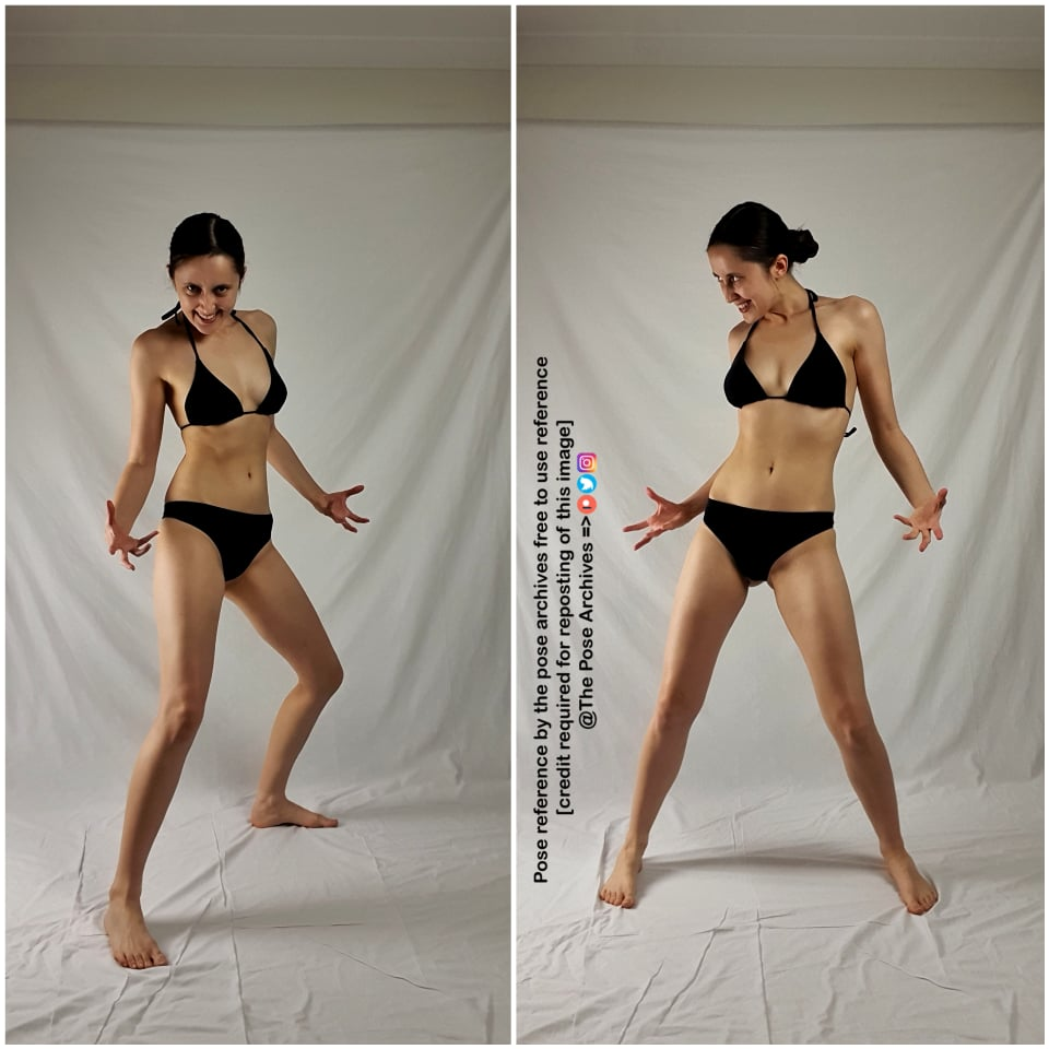 a woman in a black bikini is posing against a white background. she is in an action pose, with her arms outstretched and her legs apart. the lighting is soft and the image has a warm tone.