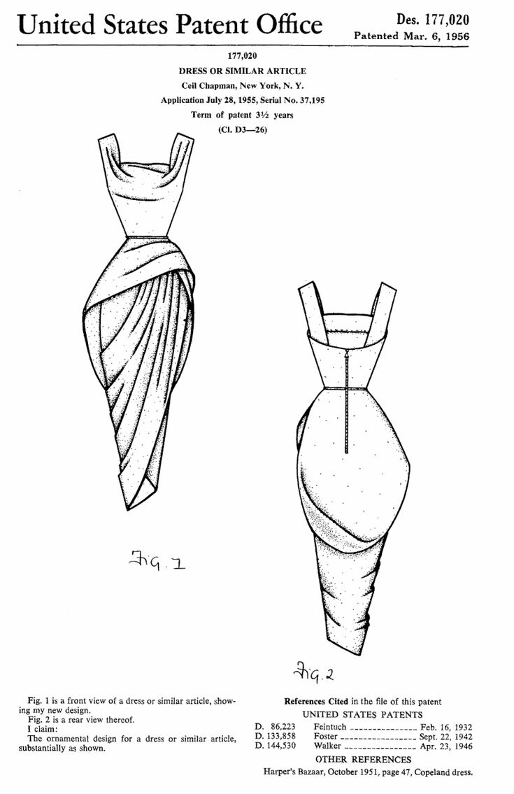 this image depicts a united states patent office document for a dress design by ceil chapman, patented on march 6, 1956. it features two sketches of the dress, a front view (fig. 1) and a rear view (fig. 2). the document also includes the application details, the term of the patent, and references to other related patents and publications. the drawings show a fitted dress with draped fabric detailing around the hips, giving it a distinctive shape.
