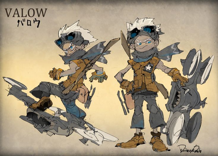 the image shows a character design titled "valow" (バロウ). there are two depictions of the character: one in action riding a hovercraftlike vehicle, and the other standing with one hand on a similar vehicle. the character is a young boy with white hair, blue eyes, and an aviator style. he wears goggles, a scarf, a vest, gloves, pants, and boots. both vehicles are stylized with sharklike features. the image appears to be a sketch or concept art with visible linework and color washes.