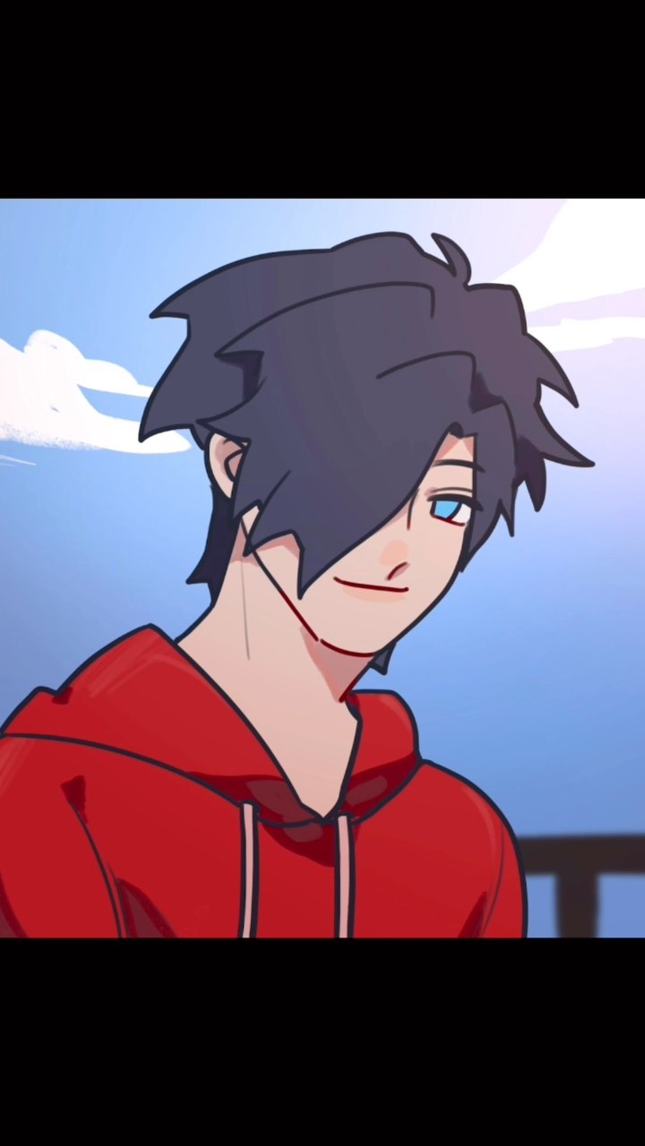 the image is a digital drawing of a young animestyle boy. he has dark blue hair, light skin, and bright blue eyes. he is wearing a red hoodie. the background is a simple blue sky with some white clouds. the style of the drawing is clean and simple, with bold outlines and flat colors. the boy's expression is friendly and happy.