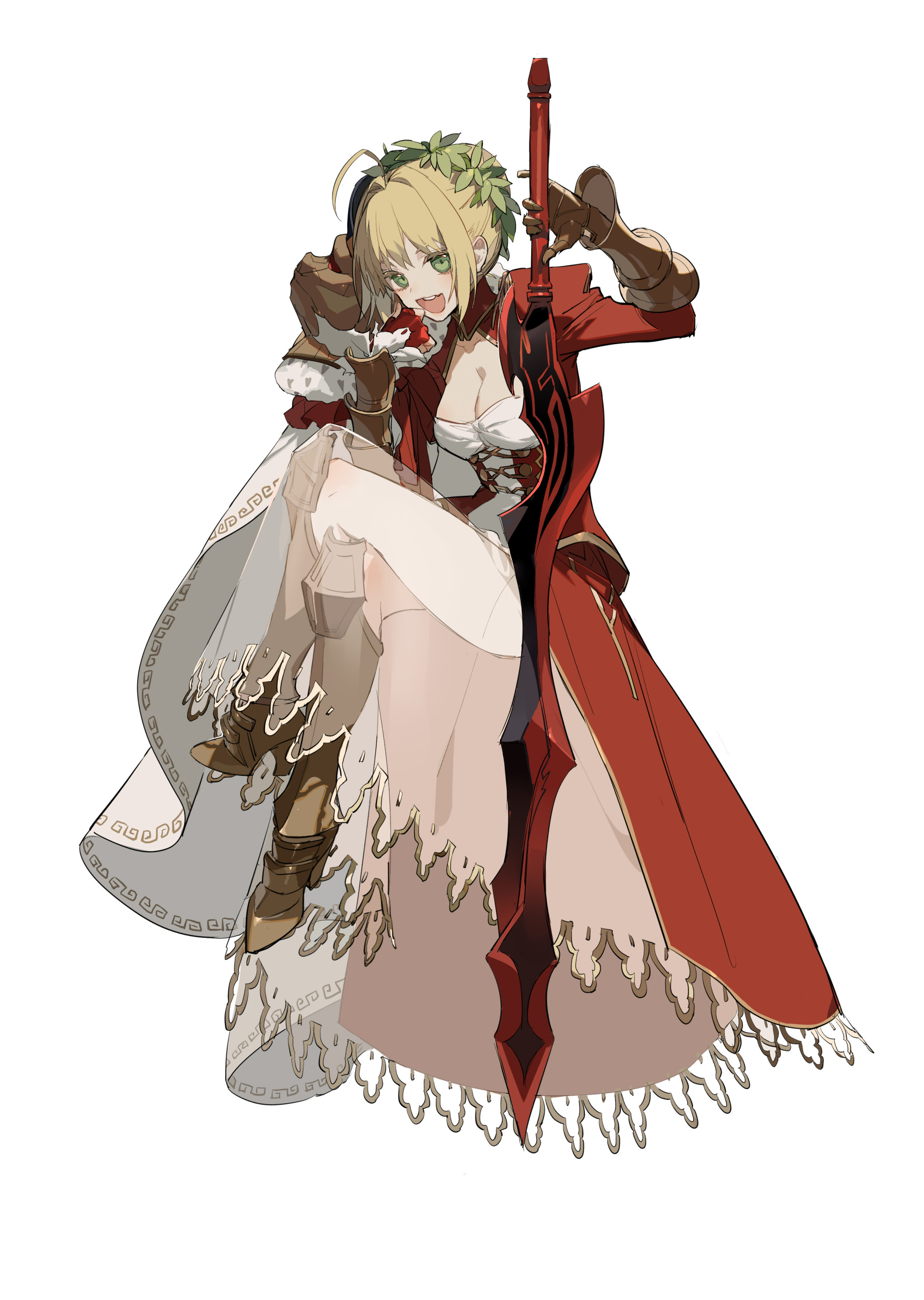 an animestyle illustration of a female character with blonde hair and green eyes, wearing a red coat, a white dress, and thighhigh boots. she has a wreath on her head and is eating something. she is also holding a large sword.