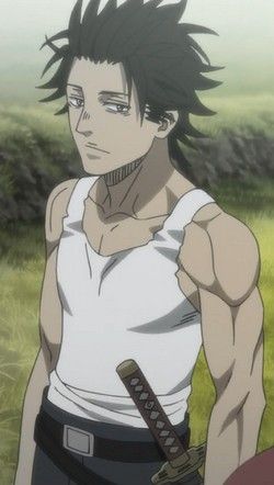 an anime character with spiky black hair and a serious expression is shown wearing a white tank top and black pants. he is holding a black sword with a brown handle in his right hand. the background is a blur of green and brown. the image is from the anime series black clover. the character is most likely asta.