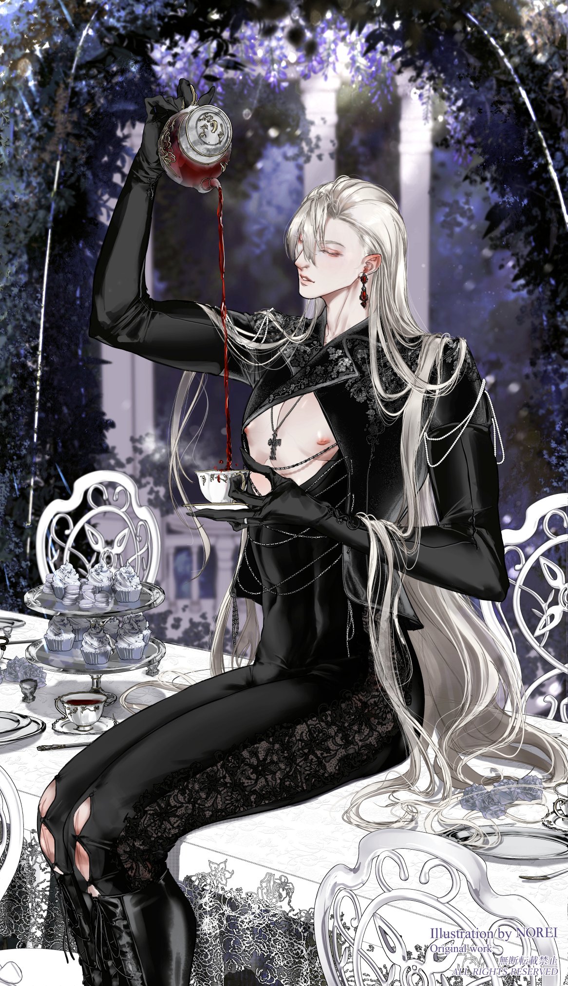 the image is a digital illustration in an anime or manga style. it depicts a longhaired, androgynous male character with silver hair, wearing a stylish black gothic outfit featuring lace details and long gloves.  he is seated at an elegant, ornate table set for a tea party, which includes cupcakes. the character is pouring a dark red liquid, possibly blood or dark tea, from a metal teapot into a teacup. the background is a dark, mysterious garden with archways and wisteria.  the overall mood is sophisticated, dark, and slightly unsettling. the character's expression is serene.