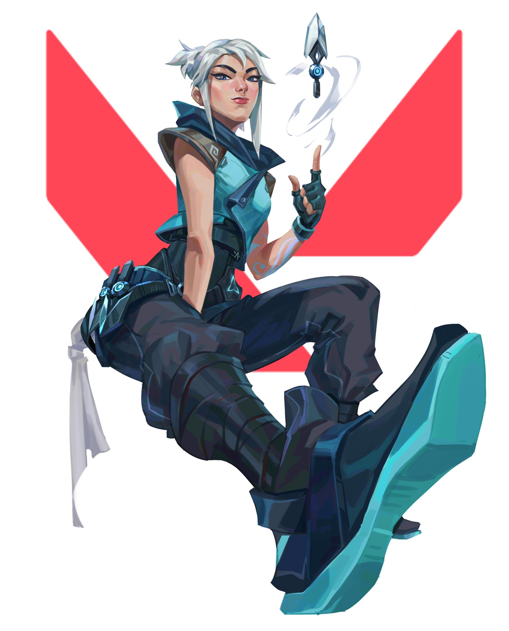 a digital illustration of jett from valorant. she is posing with her weapon and a confident expression. the background is a red and white valorant logo. she is wearing blue and black clothing with white hair.