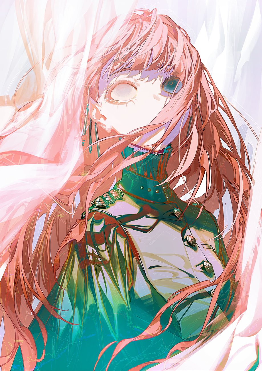 an anime girl with long pink hair is looking up. she has one blue eye and one eye closed, she has a white cloth flowing around her and she is wearing a green jacket. the background is white. it is a digital art illustration, created in a fantasy style.