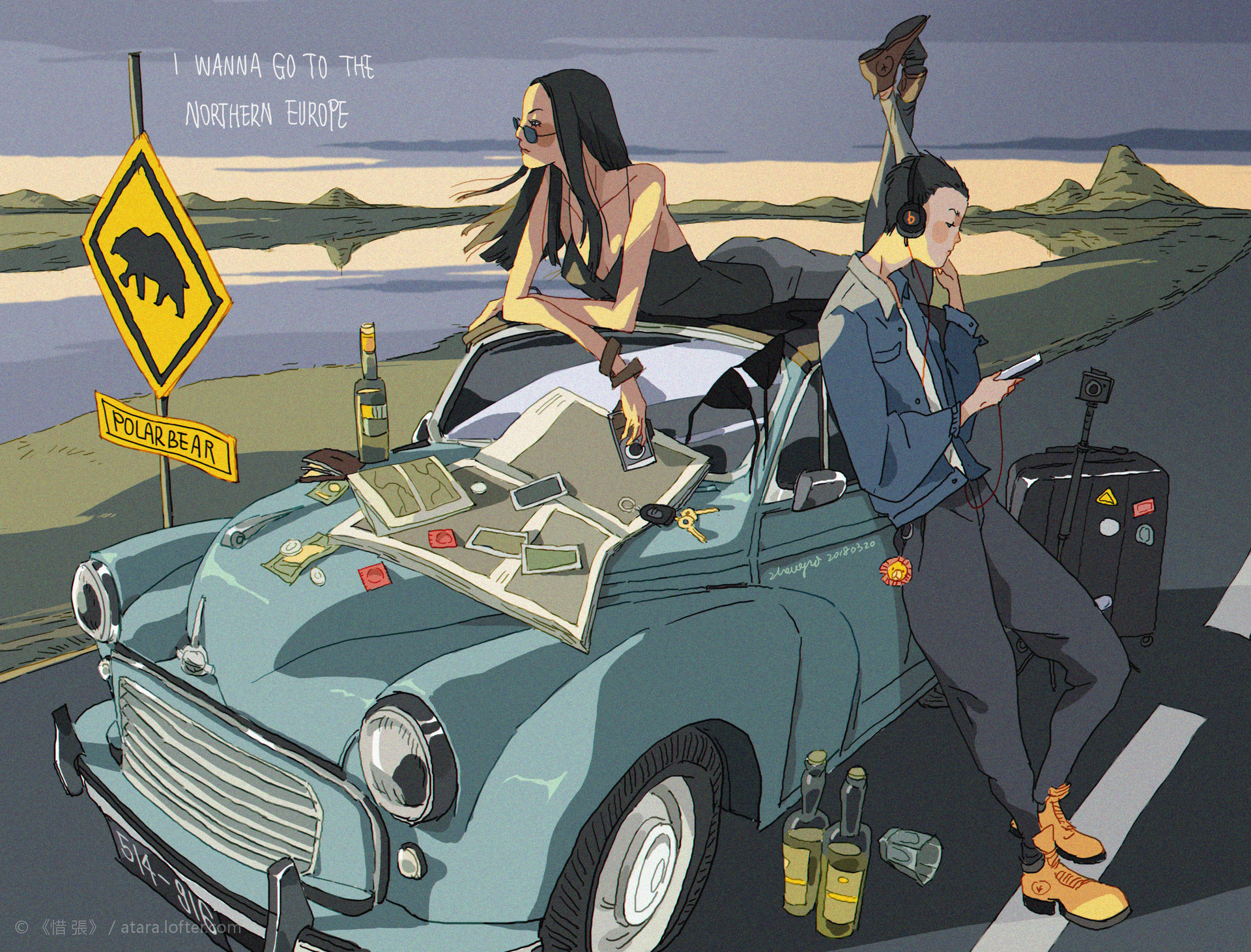 this illustration depicts a couple on a road trip to northern europe. the woman is sitting on the car, looking out of the window while the man is sitting inside the car listening to music on headphones. both are holding maps in their hands. the car is a vintage morris minor. on the side of the road there is a sign that says "polar bear," which is a reference to the destination. the couple seems excited for their adventure.