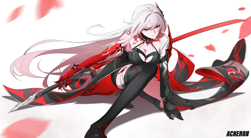 a whitehaired anime girl with red eyes is sitting on the ground, wielding a red and black sword. she is wearing a revealing black and red outfit. red flower petals are falling around her.  the background is white.