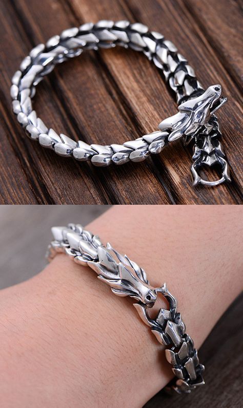 the image shows a silver dragon bracelet, both on a wooden surface and on a person's wrist.