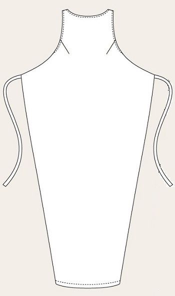 the image is a line drawing of a bib apron. it is white with black lines. it has a neck strap and long side ties. the bottom of the apron is rounded.