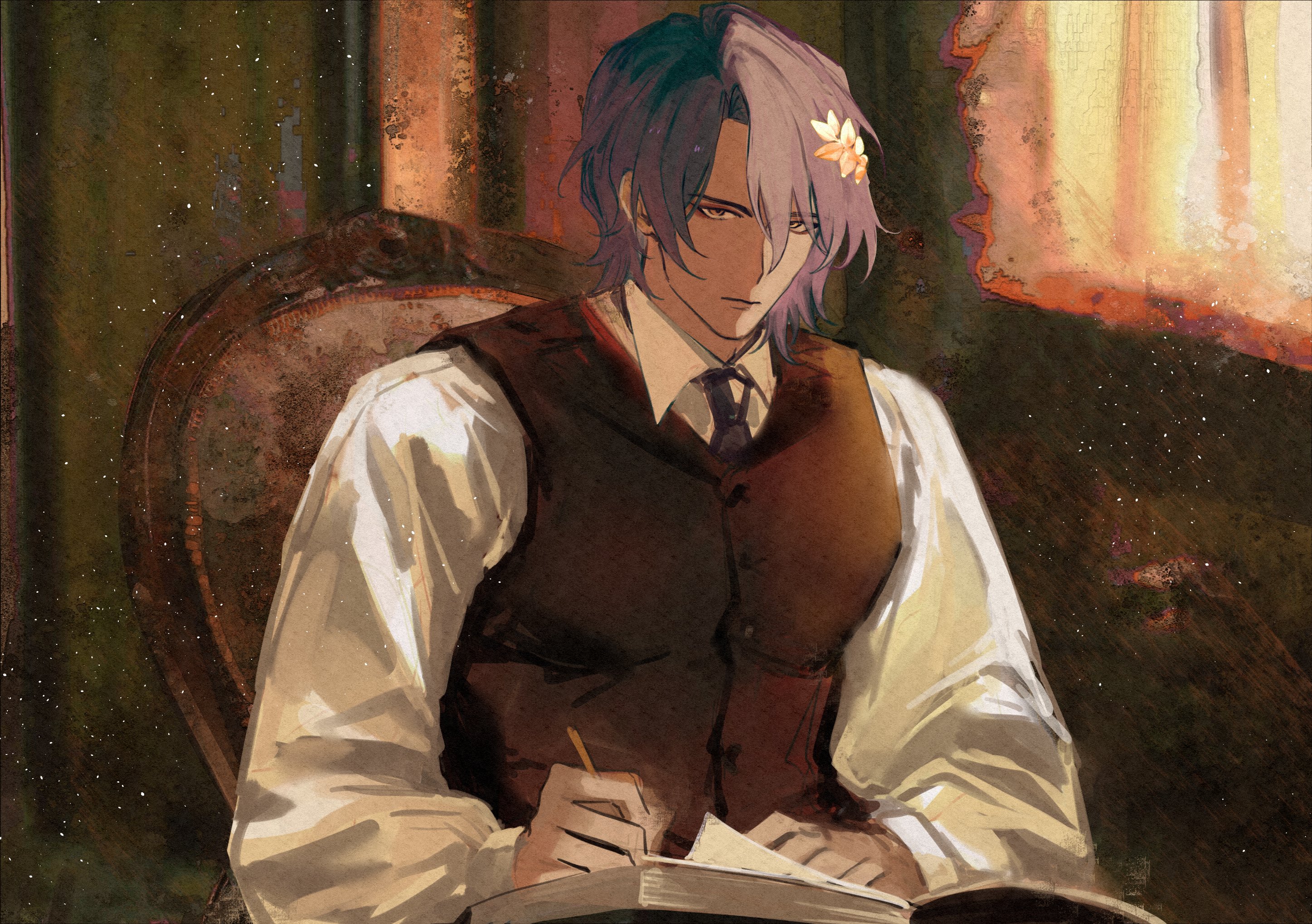 this is a digital painting of an anime character who is a man, sitting in a chair and writing in a book. he has long, purple hair and is wearing a white buttonup shirt with a vest and a tie. he has a flower in his hair. the background is a blurry, brown, and yellow color.