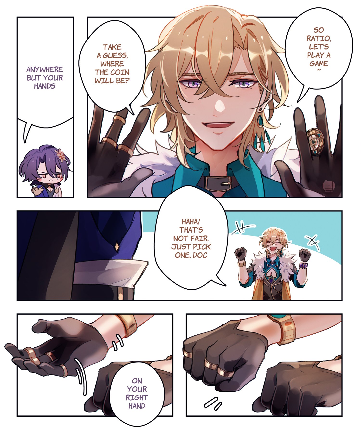 this is a comic book panel with two male characters. the man on the left is saying "anywhere but your hands."  the blonde man on the right is saying "take a guess. where will the coin be?"  he is  smiling, laughing, and saying "haha! that's not fair. just pick one, doc."  the blonde man is wearing black gloves with gold rings on his finger.  the man on the left is wearing black gloves with gold rings on his fingers.  the blonde man on the right is smiling and holding his hand up in a playful gesture. he is about to reveal the coin to the other man. the other man on the left is watching him intently.