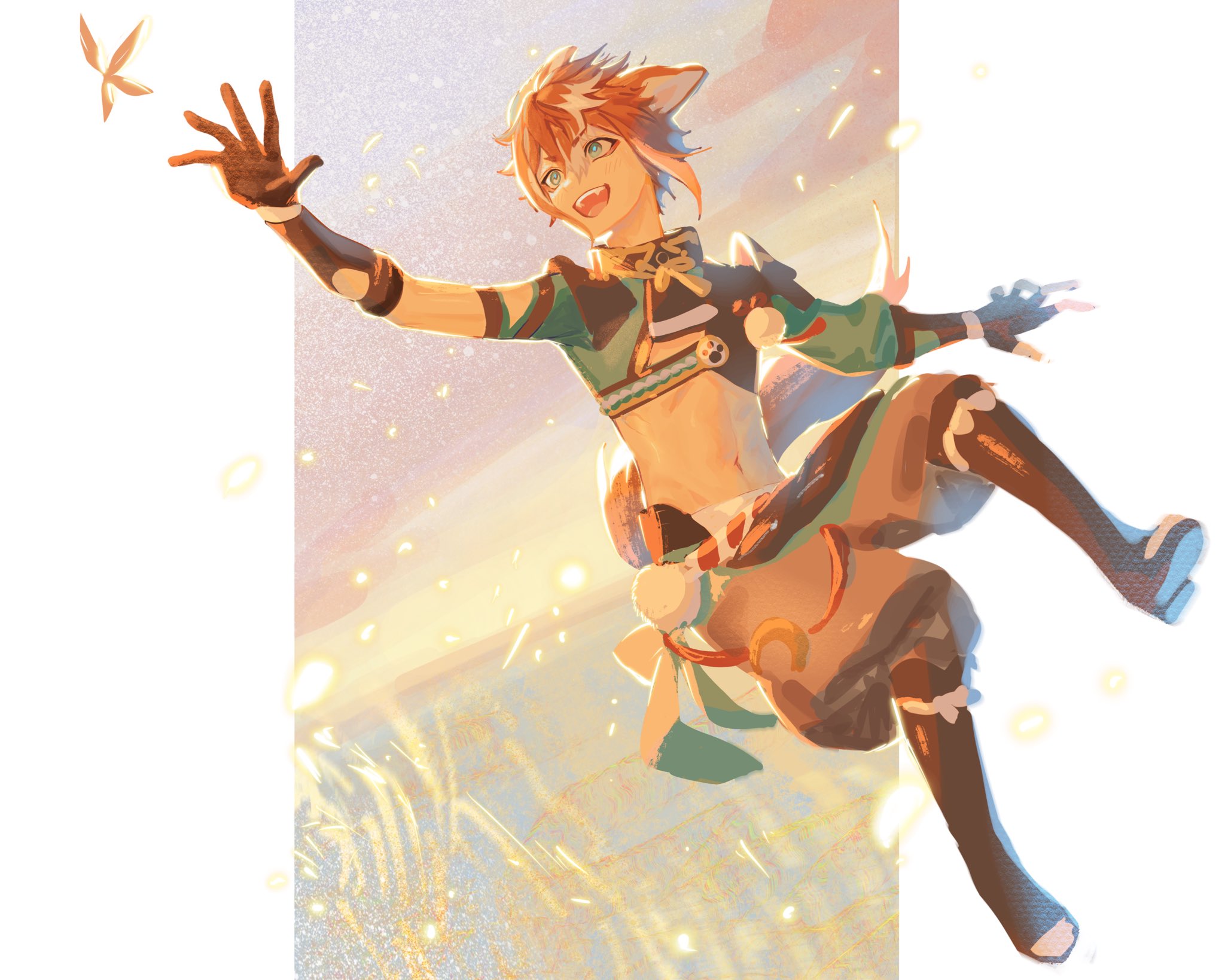 a digital illustration of a cheerful anime character. the character is a male, with orange hair and a foxlike appearance, with white fur on his ears and tail. he is wearing a green,  brown, and white outfit, he has a big smile on his face and is jumping in the air. he is surrounded by golden sparkly particles in the air. the background features a soft sky with clouds. the image is rendered in a bright and vibrant color palette, with a cartoonlike style and a whimsical feel.