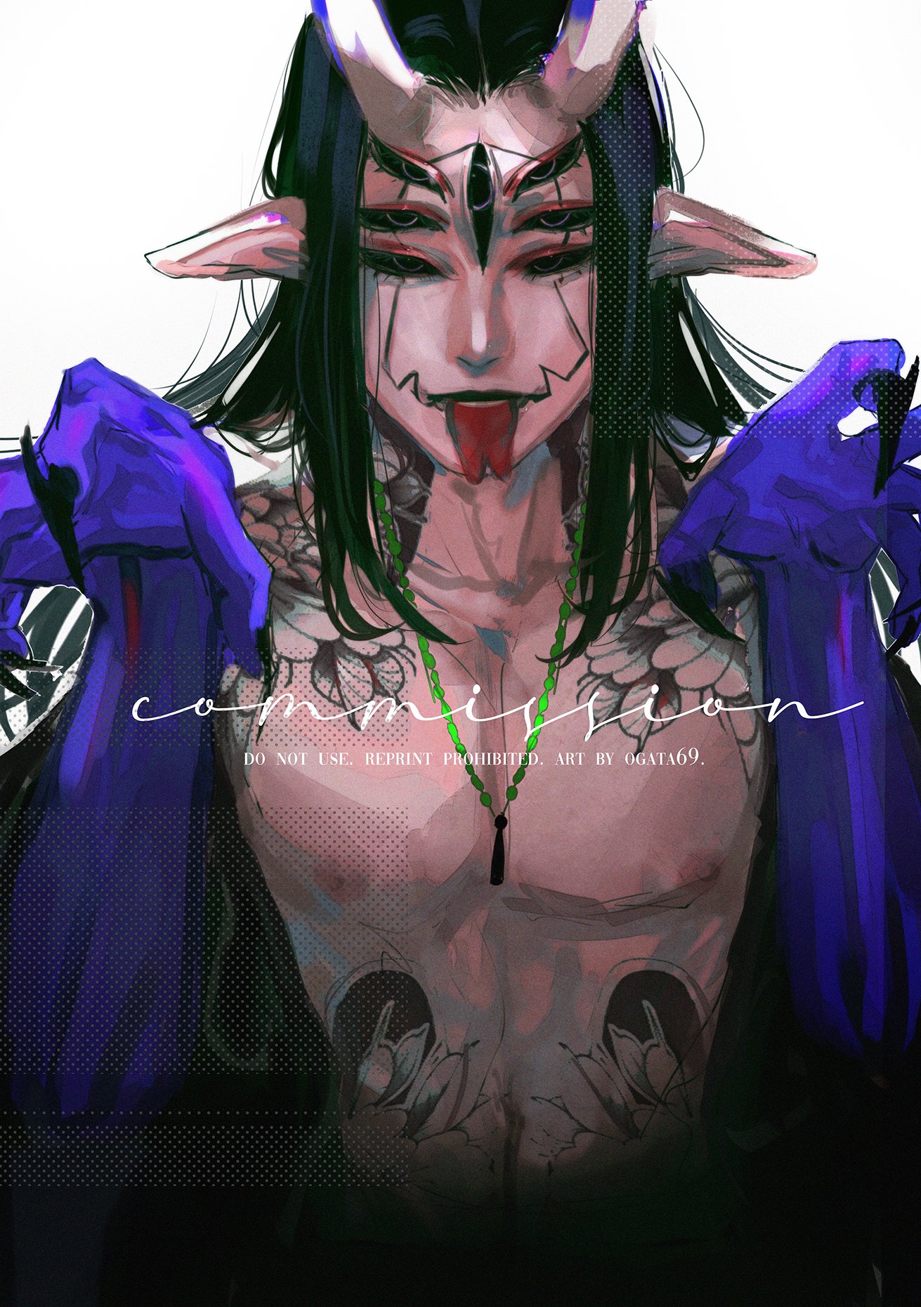 a closeup portrait of a demon with horns, multiple eyes, blue hands, green necklace, and tattoos. the demon is looking forward with a smirk on their face and their tongue sticking out. the image is digitally painted in a stylized comic/manga style.