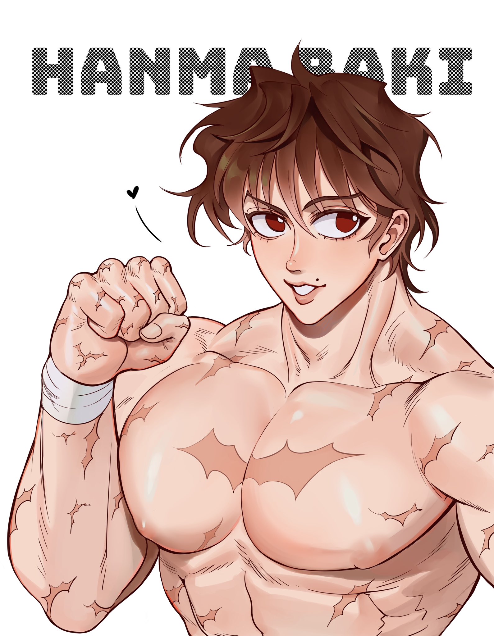 a digital illustration of hanma baki from the manga and anime series "baki". hanma is shown smiling and flexing his arm with his left fist clenched. he is muscular and has a number of tattoos and scars on his body. his most striking feature is his red eyes and strong, determined expression.  the background is white and he is depicted from the chest up.