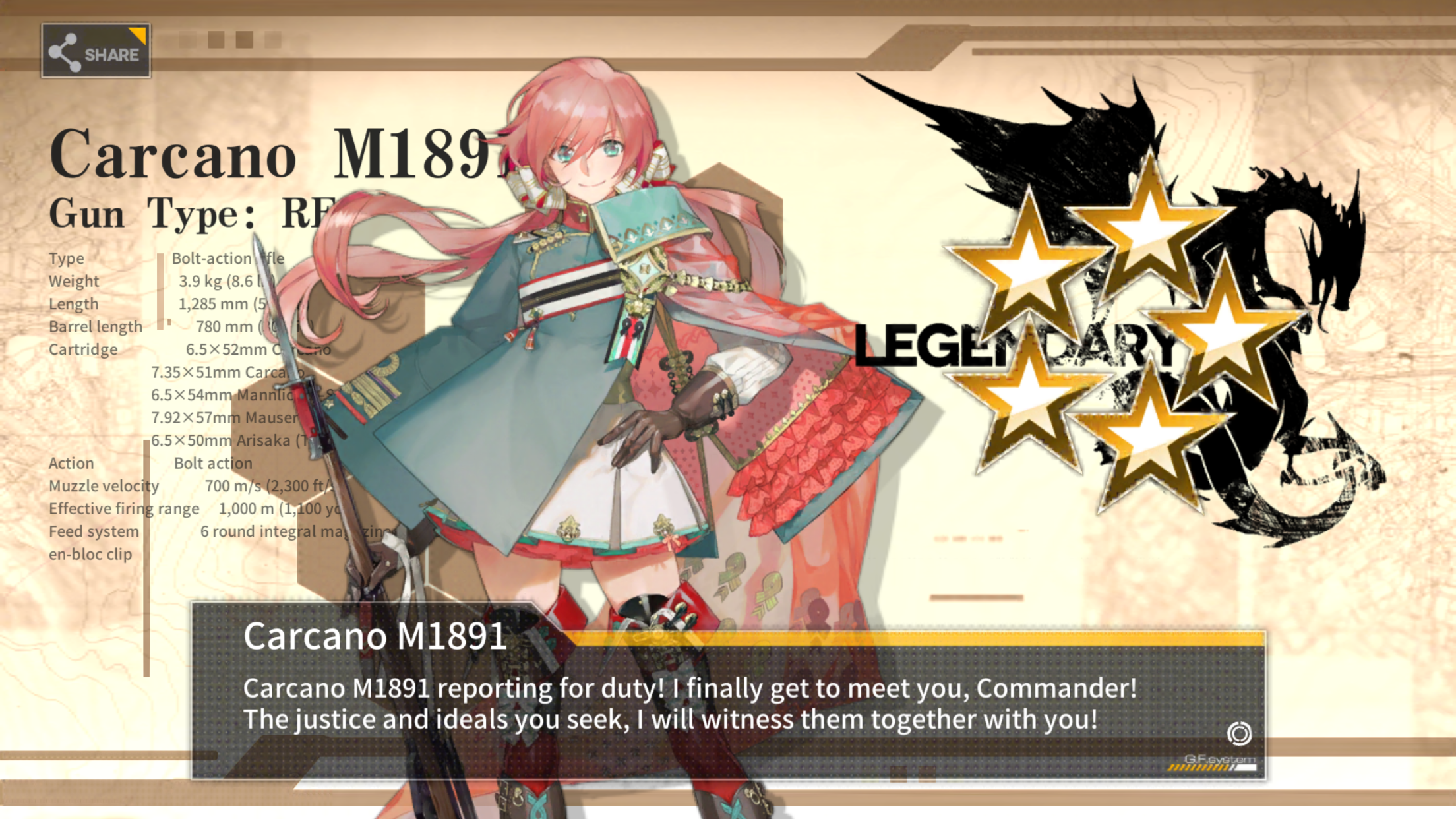 the image is a screenshot of a mobile game featuring a female character with red hair in a militarystyle outfit. the character is holding a rifle and there is text introducing her as "carcano m1891". the background is dark with a golden dragon design, and the overall image is brightly lit.