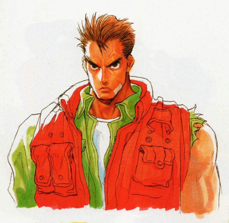 this is a drawing of a man. he is wearing a red vest with a green undershirt and a white shirt. he has brown hair and brown eyes, and a serious expression on his face. he is depicted with a strong and determined look, perhaps portraying a character from a video game or comic. the drawing is done in a comic style with bold lines and vibrant colors.