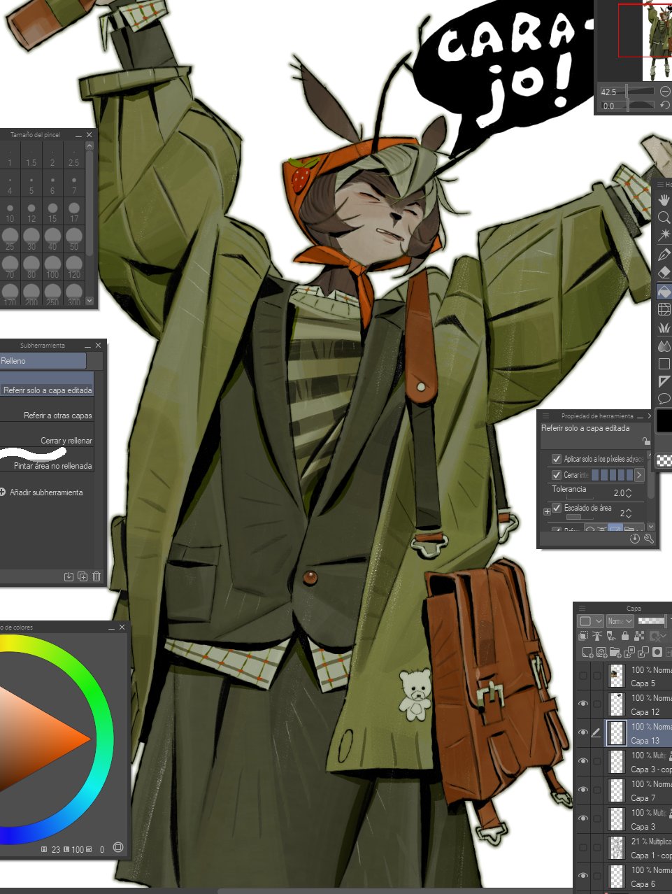 digital painting in progress of an anthropomorphic rabbit girl character. the image shows the character's design, along with various interface elements from the digital art software being used. the character is wearing a green jacket, a striped shirt, and a brown bag. there's a speech bubble above her head with the words "cara jo!" written in it.  the surrounding windows display color palettes, layer controls, and brush settings, revealing the artist's process. the style leans towards anime and incorporates a blend of realistic and stylized elements.