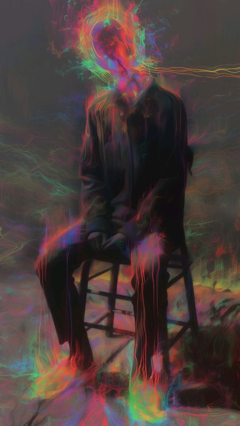 a man with no head wearing dark clothing sits on a wooden stool. his body is covered in streaks of color. the background is dark and abstract with streaks of color as well.