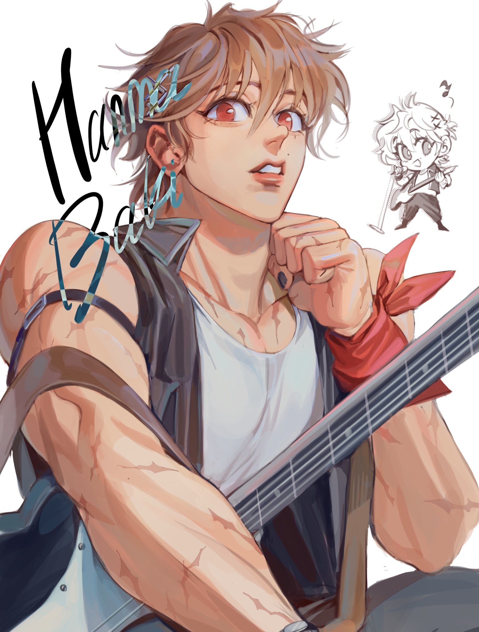 an illustration of an anime male guitarist playing a guitar while smiling and looking up. the guitarist is wearing a black leather jacket and a white tank top. he has brown hair, red eyes and is wearing a red bandana tied around his wrist.  he is playing an electric guitar and appears to be in the middle of a rock concert.  the image is drawn in a colorful, digital art style.