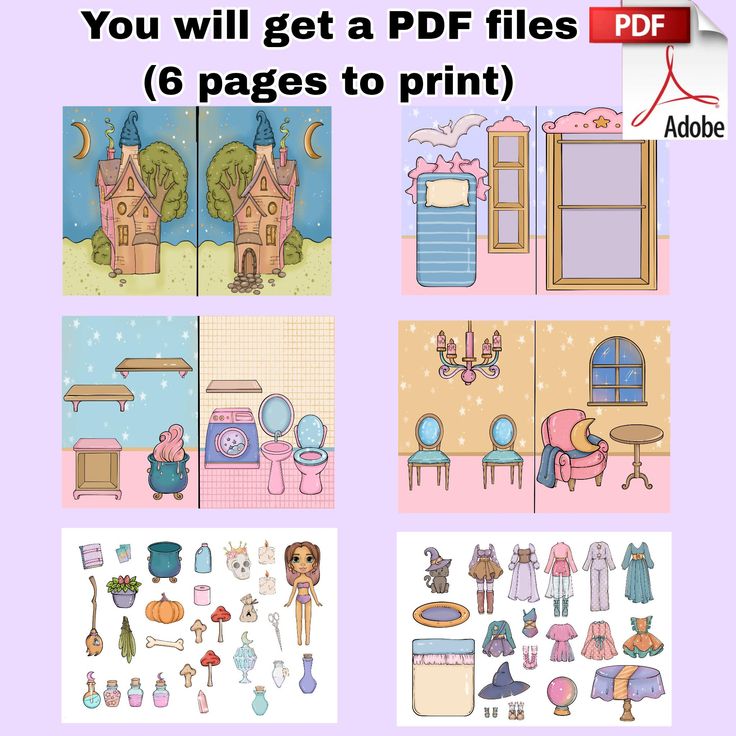 the image displays a collage advertising a printable paper doll house in pdf format. it shows various rooms, furniture, accessories, and clothing items designed in a cute, witchthemed style, suggesting a halloween or fantasy theme for children's play. the collage is bright and colorful.