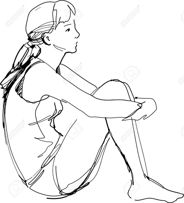 a line art sketch of a young woman sitting with her legs crossed and her arms resting on her knees. she is looking off to the side and appears to be relaxed. the drawing is simple and minimalist, focusing on the basic shapes and lines of the figure.