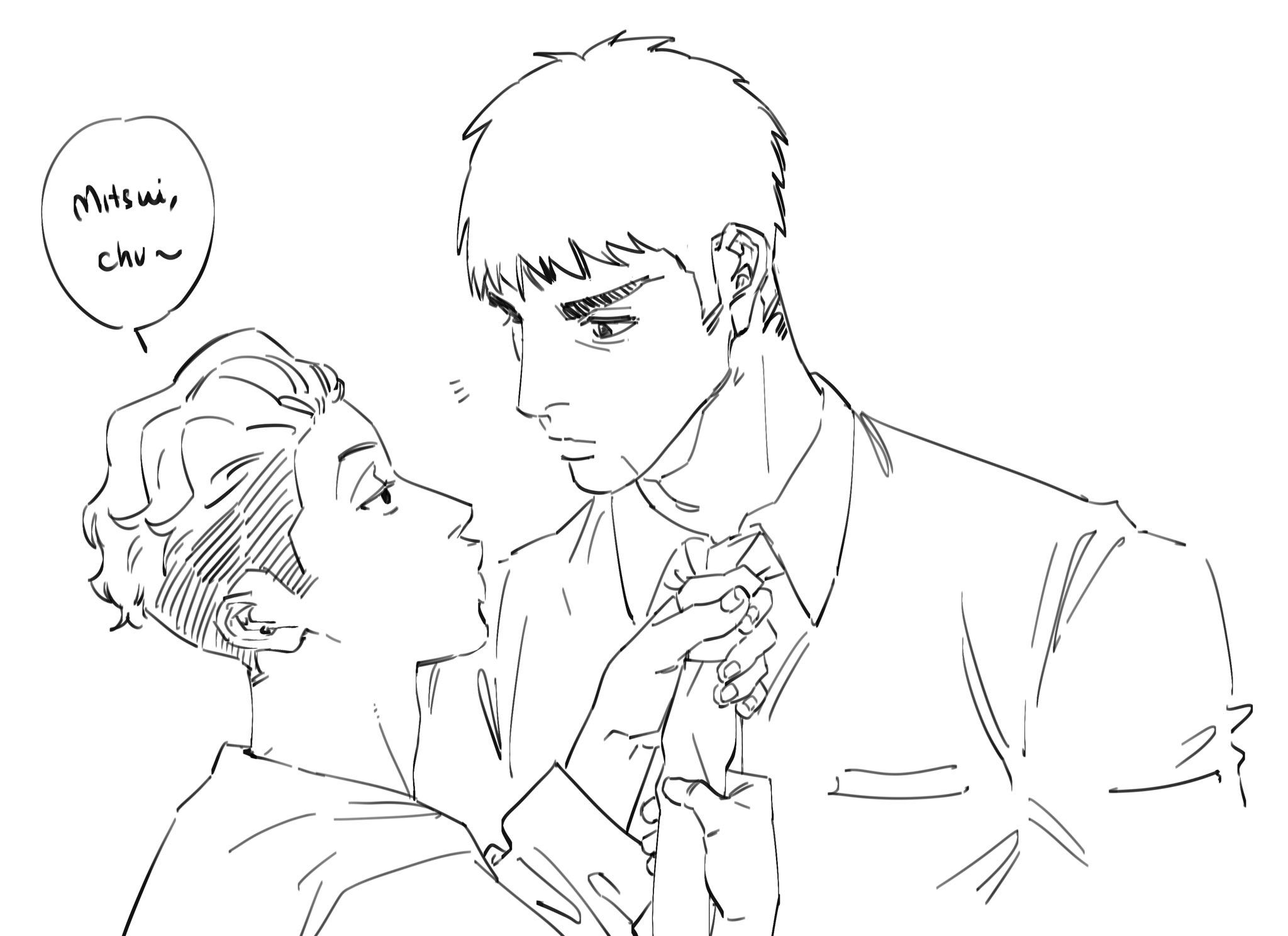the image is a black and white sketch of two young men, one with short hair and the