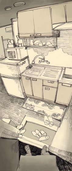 this is a sketch of a kitchen. there is a counter top with a sink and a faucet. the counter is backed by cabinets. there is a refrigerator to the left of the cabinets. the person is sitting on the floor, in front of the counter, facing towards the counter.  the person's hands and feet are visible in the sketch.